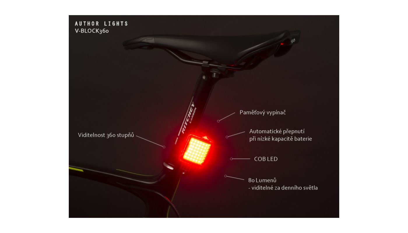 Světlo zadní Author V-Block360 USB CobLed 80 lm černá/červené-sklo - 5 Světlo zadní Author V-Block360 USB CobLed 80 lm černá/červené-sklo - 5
